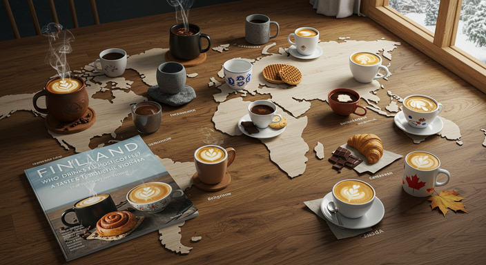 Artistic world map scene with 10 different coffee cups representing the top coffee-drinking countries per capita.