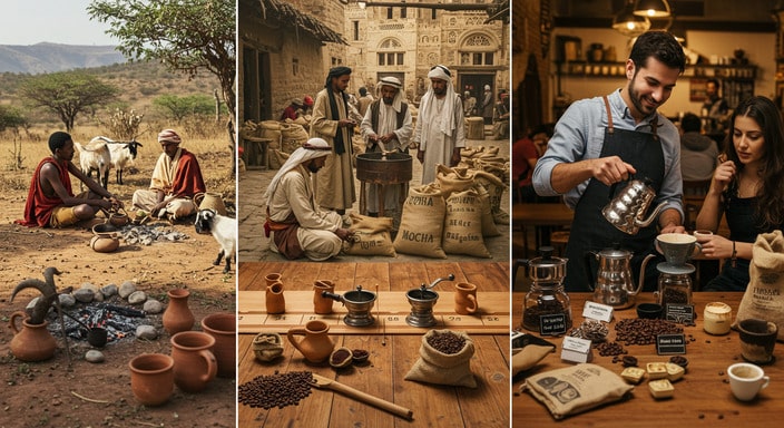 Historical timeline of coffee’s evolution from ancient Ethiopia to modern specialty cafés, featuring traditional and contemporary coffee scenes.