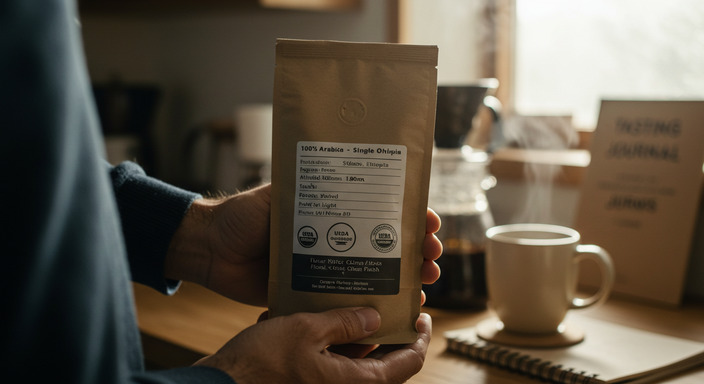POV image of hands holding a coffee bag with label showing origin, roast, altitude, and organic certification.