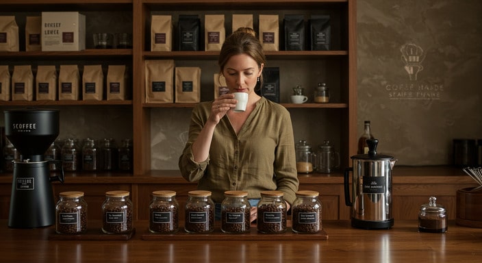 Elegant woman in a café analyzing gourmet coffee beans by aroma, with tasting notes and premium packaging displayed behind her.
