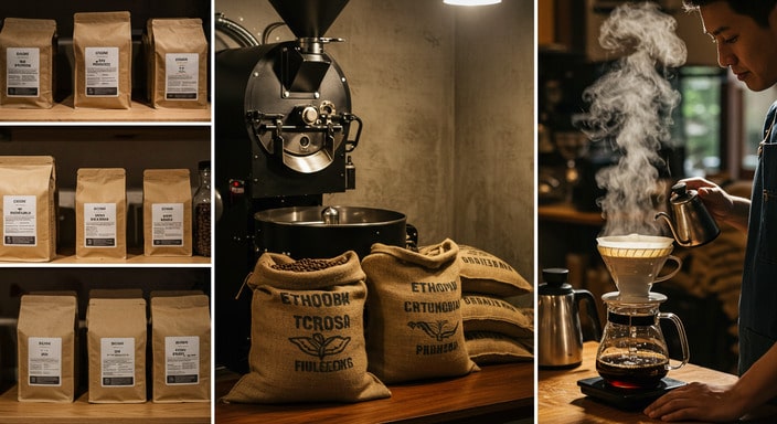 Barista preparing pour-over coffee with single-origin beans in a specialty café, highlighting the gourmet coffee-making process
