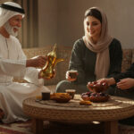 Traditional Arabic coffee served with dates on a woven mat, featuring a brass dallah and ceramic finjan.