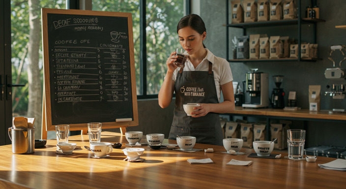 A female barista conducts a cupping session featuring Swiss Water decaf coffee in a specialty coffee lab.