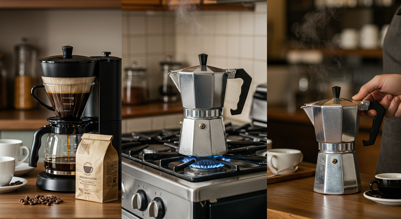 Visual representation of traditional coffee brewing methods: drip coffee maker, stovetop percolator, and Moka pot.
