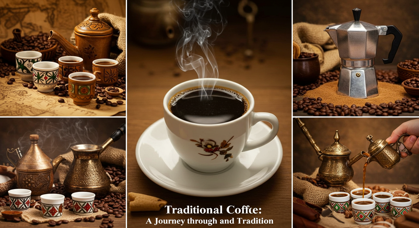 A collage depicting traditional coffee preparations from various cultures, centered around a steaming cup of black coffee.