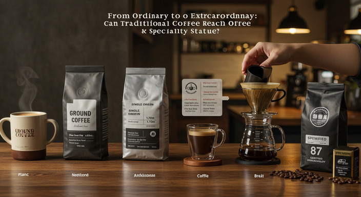 Visual transformation of traditional coffee into specialty coffee across a timeline, with evolving packaging, cup quality, and ambiance.