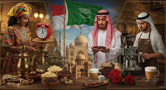 Cultural representation of traditional and modern coffee preparation across Ethiopia and the Arab world in a realistic setting.