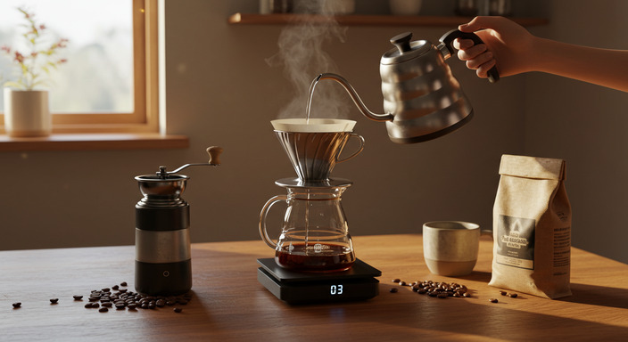 Beginner making coffee at home using a pour-over dripper placed on a digital kitchen scale, with