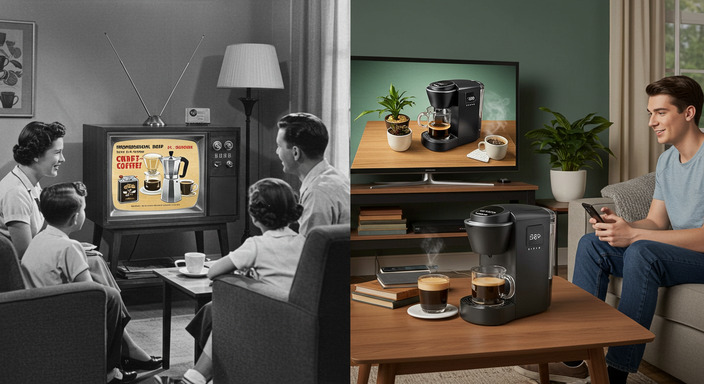 Split-screen image contrasting a 1950s family watching a coffee advertisement on a vintage TV with a modern individual viewing a coffee machine commercial on a flat-screen TV.