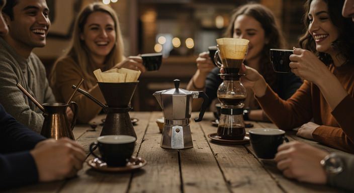 A diverse group enjoying traditional coffee preparations from various cultures around a rustic wooden table.