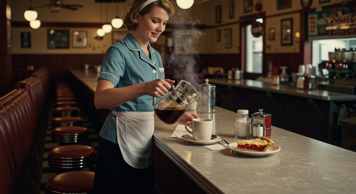 Waitress pouring coffee into a mug at a classic American diner counter.