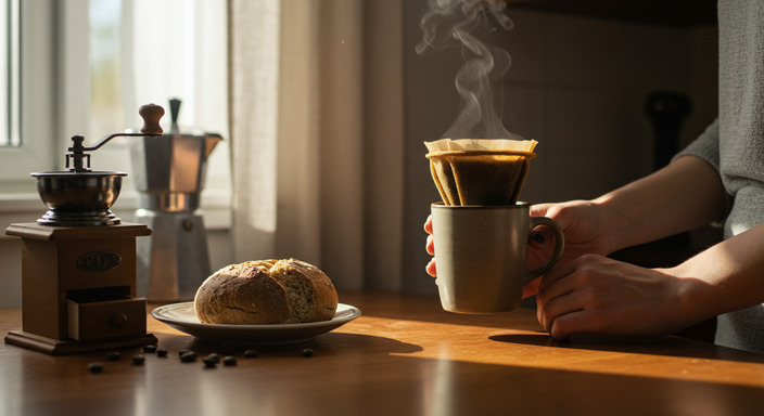 Traditional coffee being brewed with a cloth filter on a cozy kitchen table, symbolizing cultural tradition and emotional connection.