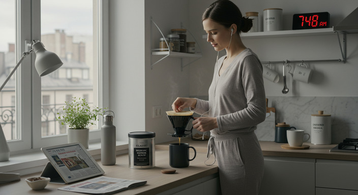 Young woman making drip coffee in a modern kitchen with a traditional medium roast coffee tin on the counter.