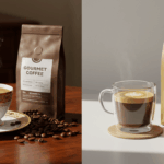 Side-by-side comparison of gourmet and specialty coffee setups highlighting differences in presentation and roast levels.