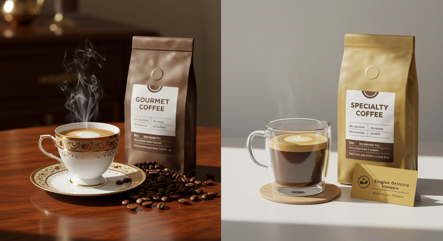 Side-by-side comparison of gourmet and specialty coffee setups highlighting differences in presentation and roast levels.