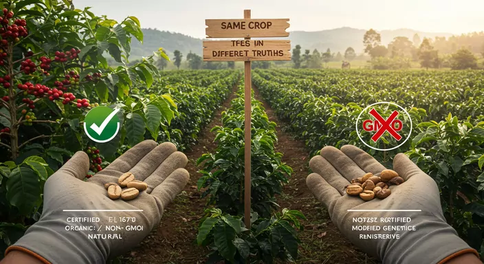Split coffee farm image showing organic coffee bean on one side and GMO coffee bean with red X on the other.
