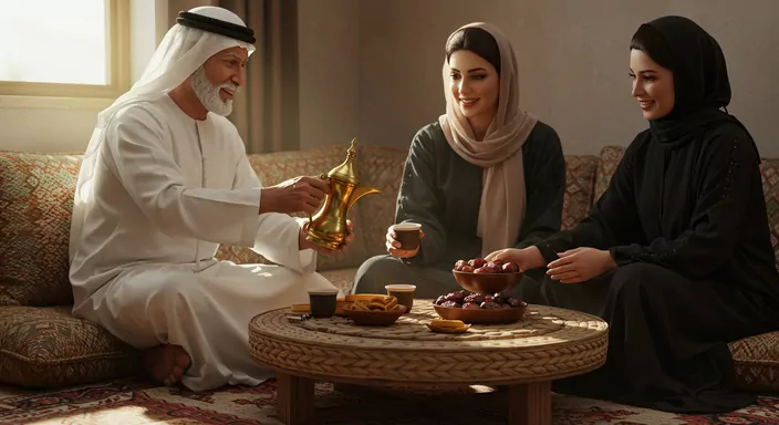 Traditional Arabic coffee served with dates on a woven mat, featuring a brass dallah and ceramic finjan.