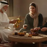 Traditional Arabic coffee served with dates on a woven mat, featuring a brass dallah and ceramic finjan.
