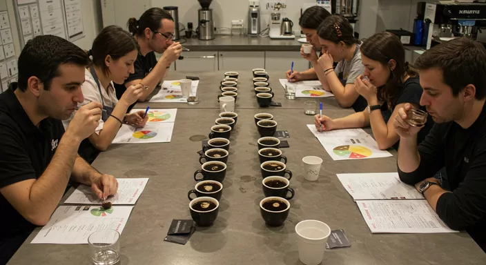 Professionals conducting a coffee cupping session, evaluating aroma and flavor profiles in a modern coffee lab.