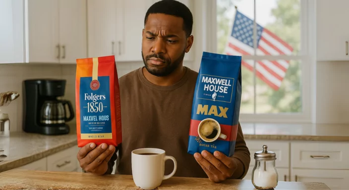 African American man comparing Folgers and Maxwell House coffee brands in a modern kitchen with coffee maker, mug, sugar jar, and American flag in the background.