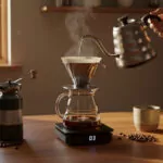 Beginner making coffee at home using a pour-over dripper placed on a digital kitchen scale, with