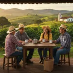 Brazilian rural family enjoying coffee on a farm in Minas Gerais, surrounded by coffee plants and a colonial farmhouse