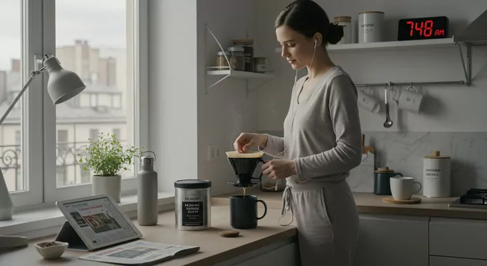 Young woman making drip coffee in a modern kitchen with a traditional medium roast coffee tin on the counter.
