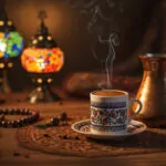 "Traditional Turkish coffee being served in a copper cezve with incense smoke, symbolizing its spiritual and cultural significance"