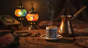 "Traditional Turkish coffee being served in a copper cezve with incense smoke, symbolizing its spiritual and cultural significance"